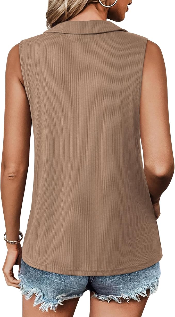Vivilli Womens Ribbed Tank Top Zipper V Neck Dressy Casual Blouses Sleeveless Camisole Tops Work Tank Polo Shirts