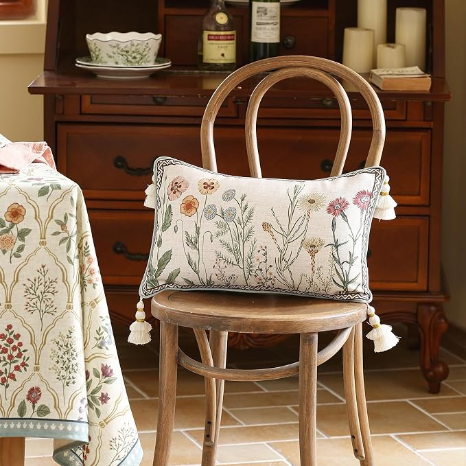 Designer Vintage Linen Throw Pillow Cover,20"x12"-Serenity D | French Elegant Rectangle Decor Pillow Cover,Concealed Zipper Design,Light Beige,Sofa,Bedroom,Living Room,Chairs