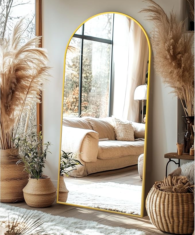 Arched Full Length Mirror with Stand, 75x35 Gold Floor Mirror | Aluminium alloy frame with HD float glass for distortion-free reflection. Free standing or wall mounted.
