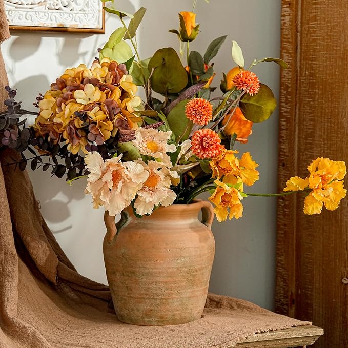 Sungmor Rustic Ceramic Flower Vase with Handles, 6.9 Inch Straight Barrel | Terracotta Plant Pots, Cement Textured Vases Home Decor, Indoor Fresh Flowers Planter, Dried Flower Arrangements