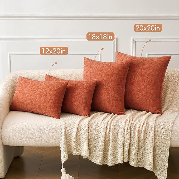 MIULEE Soft Chenille Fall Lumbar Throw Pillow Covers Burnt Orange 12x20 | Pack of 2, Modern Fall Decor, Classic Decorative Pillows, Solid Dyed Cases, Couch Cushion Covers for Sofa Bed Living Room