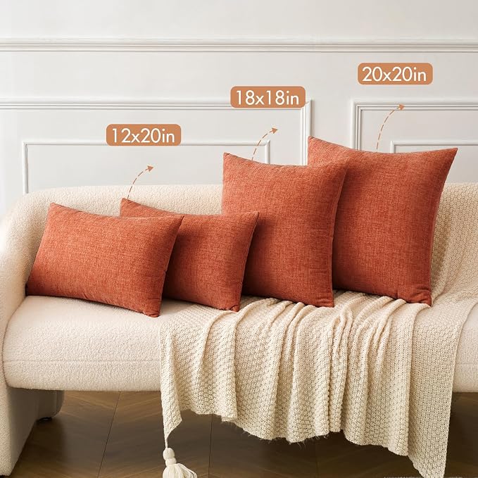 MIULEE Soft Chenille Fall Throw Pillow Covers Burnt Orange 20x20 Pack of 2 | Modern Fall Home Decor, Classic Decorative Pillows, Solid Dyed Cases, Boho Couch Cushion Covers for Sofa Bed Living Room