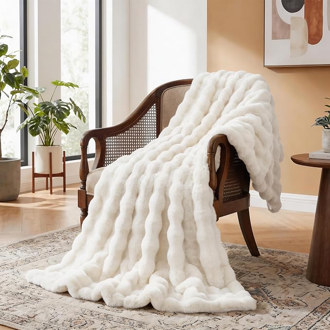 ORINOVA Light Beige Faux Fuzzy Fur Blanket Queen Size 90x90 Ultra Soft Thick Fluffy Blanket Queen for Bed Couch Cozy Furry Home Decor 1000 GSM