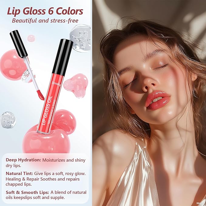 Dmsky 12 Pack Lip Gloss Set, 6 Colors Shiny Soft Lip Gloss Bulk, Lip Oil for Dry Cracked Lips Moisturizing Nourishing,Lip Stain With Rich Varied Colors For Girls and Women Makeup