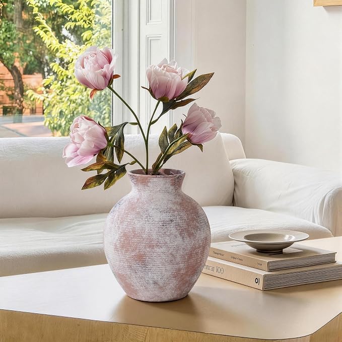 Ceramic Flower Vase Home Decor, 7.4 in Farmhouse Table Vase Retro Vintage Living Room Kitchen Bedroom Decoration Pottery Decorative Vases for Flowers Shelf Office Coffee Desk Dining Entryway, Classic
