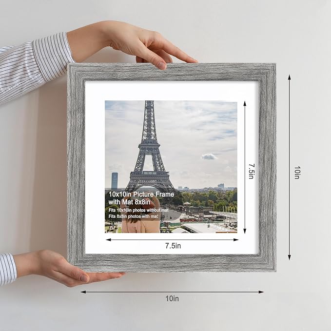 Hongkee 10x10 Picture Frame Set of 4, Made of Glass and Grey Wooden Frame - Display Picture 8x8 with Mat or 10 x 10 Without Mat, 10 by 10 Photo for Wall or Tabletop