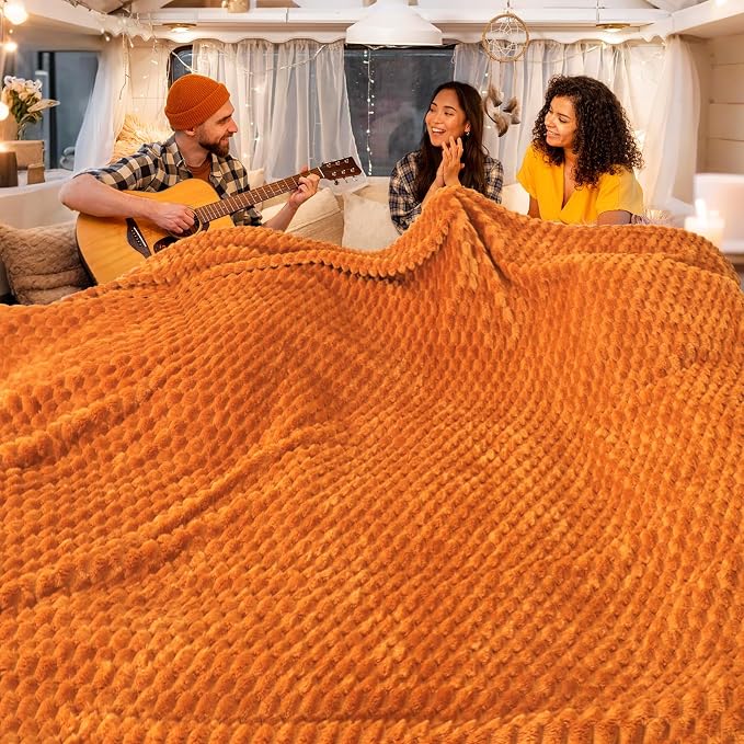 Vessia Flannel Fleece King Size Bed Blanket(108x90 inch), 3D Jacquard Burnt Orange Fuzzy and Warm Blanket for Adults, 300GSM Super Soft Touch Cozy Lightweight Home Decor for All-Season