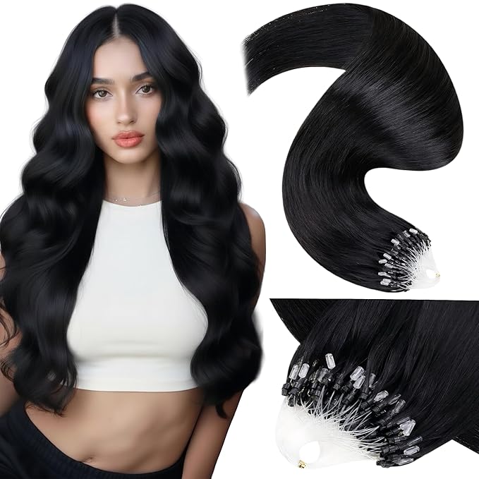 LaaVoo Micro Link Hair Extensions Human Hair Black Microbead Hair Extension Invisible Microlink Extensions Jet Black Human Hair 18inch 50g 50s