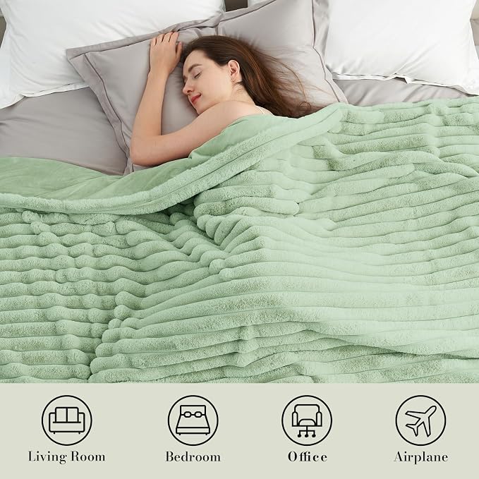 Faux Fur Throw Blanket for Couch, Cozy Fuzzy Fluffy Fur Luxurious Soft Striped Plush Gift Blankets for Family Sofa Chair Bedroom, 55"x70", Sage Green