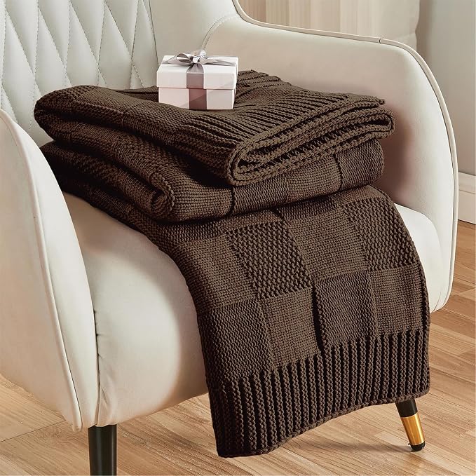CozeCube Dark Brown Knitted Checkered Throw Blanket 50"X60" | Check Knit Throw for Couch, Decorative Christmas Soft Cozy Warm Blanket for Bed Sofa Living Room