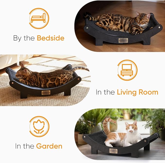 FUKUMARU Sisal Cat Scratcher Bed, Solid Wood Cat Hammock for Indoor Cats | 23.6 Inch Durable Scratching Bed, Large Cat Scratch Pad, Natural Sisal Hammock, Cat Lounger Scratcher for Sleeping (Black)