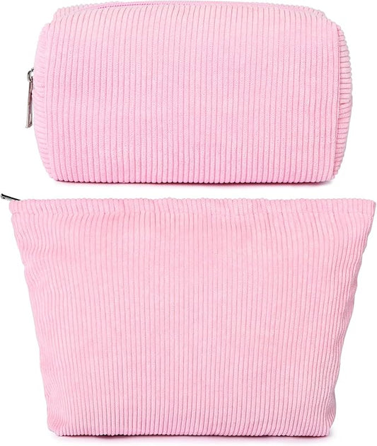 SOIDRAM 2 Pieces Makeup Bag Large Corduroy Cosmetic Bag Capacity Canvas Mix Travel Toiletry Bag Organizer Cute Makeup Brushes Aesthetic Accessories Storage Bag for Women,Corduroy Mix Hot Pink