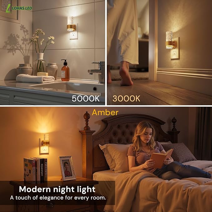 L LOHAS LED Night Lights Plug into Wall, 2 Pack Mini Dimmable Night Light | Dusk-to-Dawn, Soft White/Cool White/Amber 3 Light Color, 0-100LM Adjustable Brightness, Bubble Nightlight for Hallway