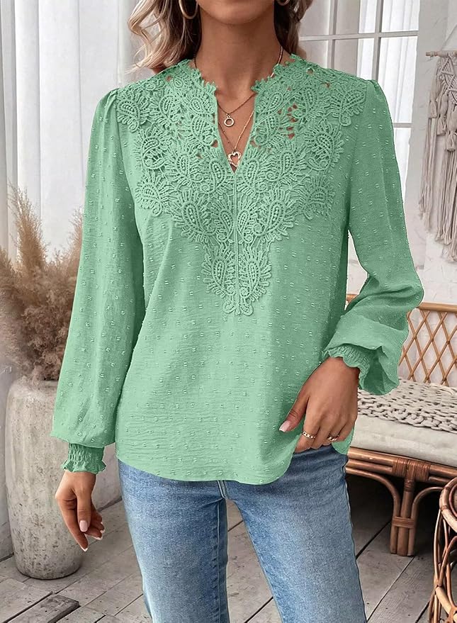 Womens Tops Swiss Dot Boho Long Sleeve Shirts V Neck Casual Chiffon Blouses Flowy Lace Hem Cute Clothing Trendy 2026