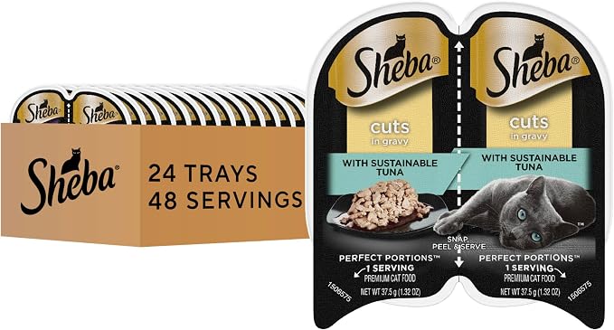 Sheba Perfect Portions Cuts Wet Cat Food, Sustainable Tuna, 2.6 oz, 24 ct | Grain-free, 48 servings, no fillers or artificial flavors, essential vitamins & minerals, protein-rich, twin-pack trays