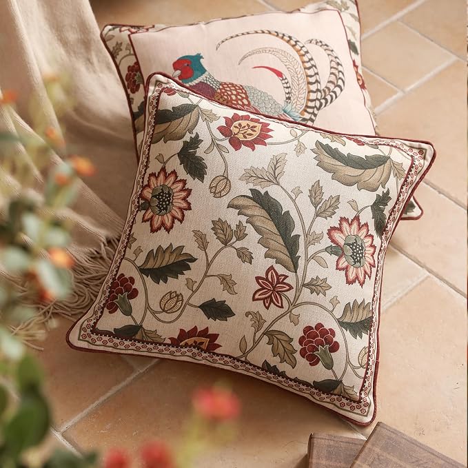 Designer Linen Square Throw Pillow Cover,Set of 2,18"x18"-Ratina A | Vintage French Elegant Pillow Cover,Concealed Zipper Design,Floral Pattern,Sofa,Bedroom,Living Room,Lounge Chairs