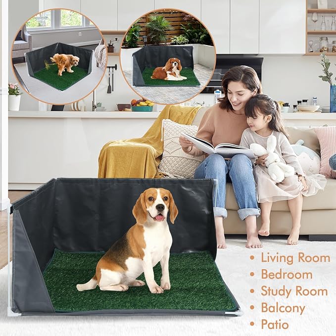Dog Litter Box with High Walls with Artifial Grass Pad | Waterproof Pee Pad Holder Foldable, Indoor Dog Potty Tray for Puppy & Large Dogs, Splash-Proof No Spill Pee Shield for Pets