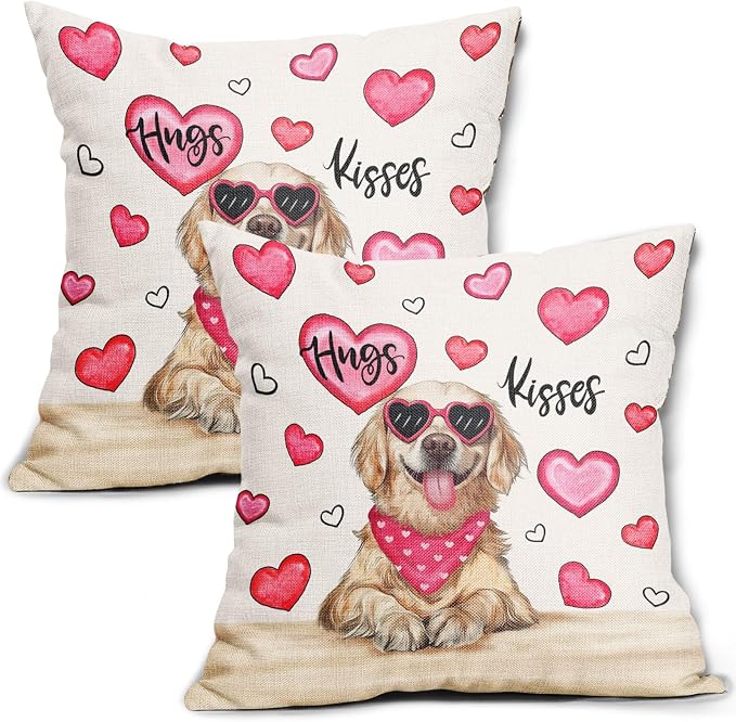 Valentine's Day Dog Pillow Covers 24X24 Inch Set of 2 Golden Retriever Hugs Kisses Pink Heart Decorative Pillow Cases Anniversary Wedding Cushion Case Valentine Party Home Decor for Sofa Couch