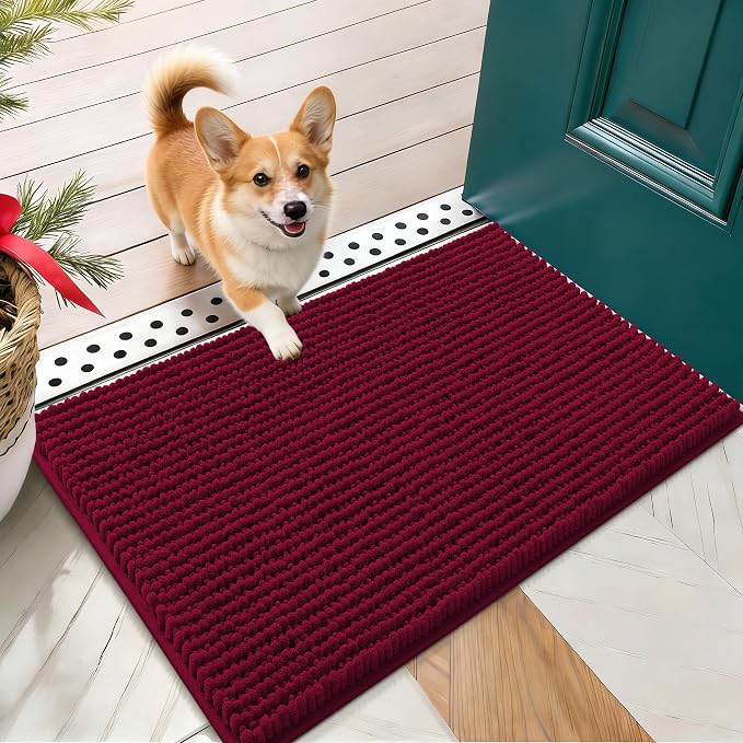 OLANLY Dog Door Mat for Muddy Paws 24x16, Extra Absorbent Chenille Mud Mat | Burgundy, Absorbs Moisture and Dirt, Non-Slip Machine Washable Doormat, Quick-Drying Indoor Entryway Floor Mat for Dogs