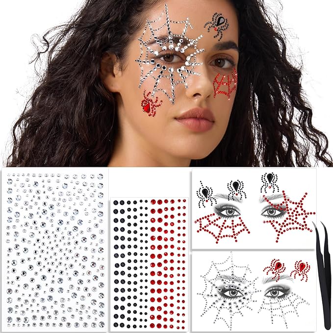 YGDZ Face Gems Stick On, Halloween Face Jewels, Spider Web Silver, Black, Red Face Gems for Halloween Face Makeup, Face Hair Rhinestones Stickers for Women, Kids