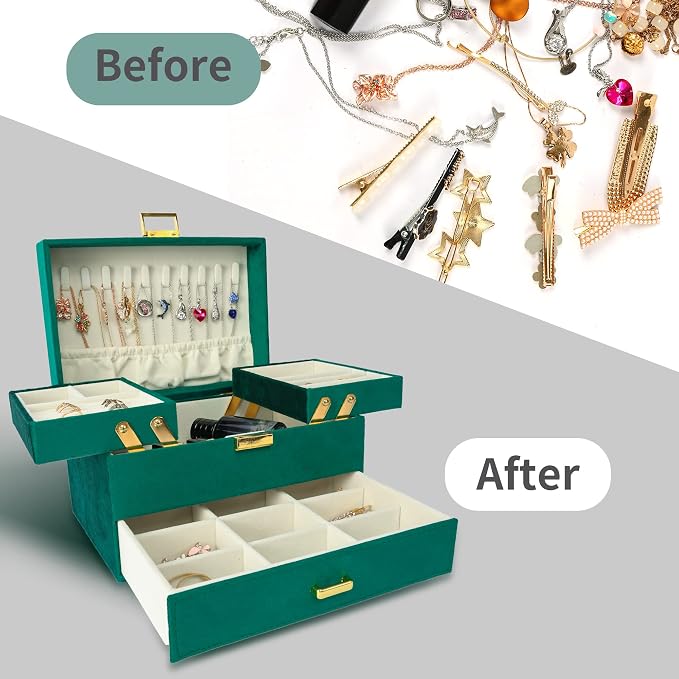Jewelry Organizer Box, Large Velvet Jewelry Boxes for Women Girls, Space-Saving 3 Layers Jewelry Storage Case with Drawer, Movable Metal Stand, Modern, Gift Idea (Green)