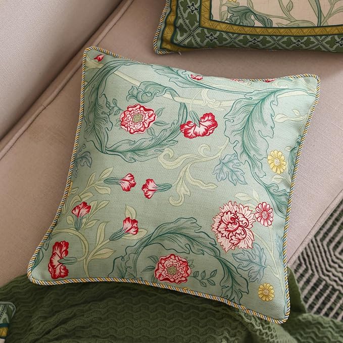 patdrea Designer French Vintage Linen Throw Pillow Cover,18"x18"-Cecilia B | Decorative Pillow Case with Zipper,Green Floral Pattern,Cushion Coverfor Couch Living Room Bedroom Sofa