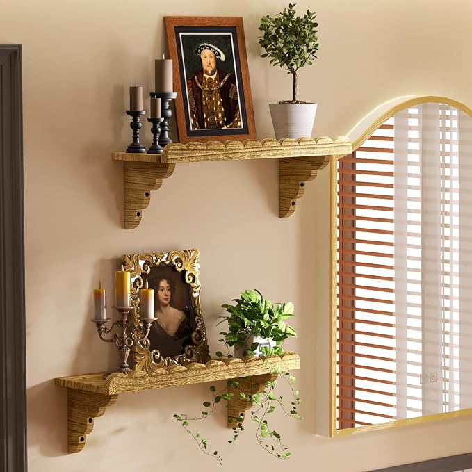 Scalloped Wood Wall Shelf – 17 Inch Floating Shelf with Wood Brackets, Easy to Install Rustic Wall Shelf for Living Room, Bedroom, Bathroom, or Any Space - Light Brown