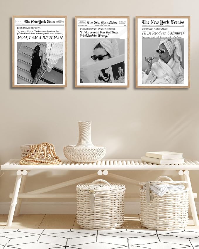 EcoHest 12x16 in I'll Be Ready in 5 Minutes Newspaper Framed Wall Art | Natural Oak Wood Frame with Canvas Wall Art, Feminist Newspaper Wall Decor for Bathroom, Bedroom, Apartment, Dorm Room, 1Pack