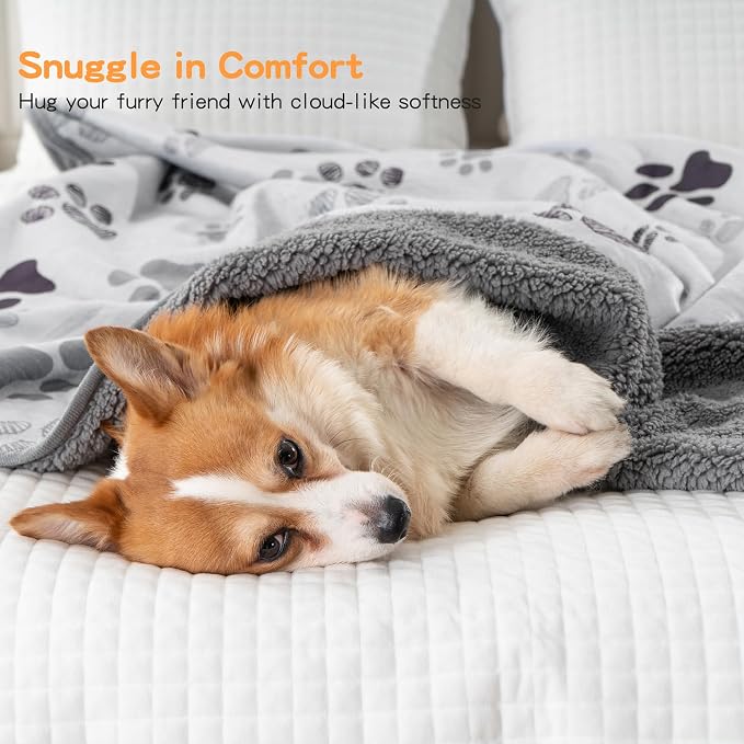 Washable Waterproof Dog Blankets for Large Dogs 60"x80" | Soft Fluffy Pet Blanket for Couch Sofa Car Crate Bed Protector, Reversible Sherpa Fleece Dog Blanket, Light Grey-Paws