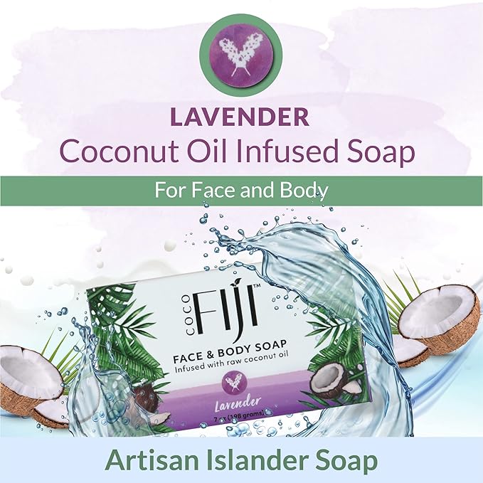 "Coco Fiji Soap Bar for Face and Body Infused With Organic Coconut Oil, Lavender Essential Oil, Natural Soap for Moisturizing & Pore Purifying Skin, 7 oz, Pack Of 2 "