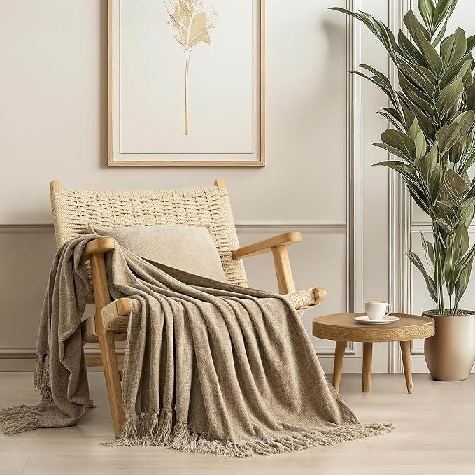 Chenille Knit Throw Blanket for Couch, 60"x80", Beige | Cozy Plush Fuzzy Knittd Throw with Tassels, Lightweight, Decorative, Farmhouse Decor, Ideal for Bed Sofa Gift, All Seasons
