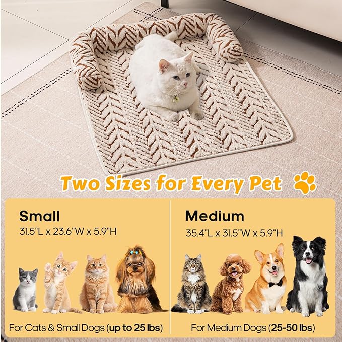 Calming Dog Bed Mats with Neck & Head Support, 31.5 x 23.62 inch Khaki | for Small and Medium Dogs & Cats, Soft Flanne Couch Covers, Non-Slip, Machine Washable, Protects Sofa from Fur & Scratches