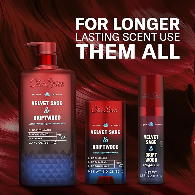 Old Spice Body Wash for Men, The Spice Alchemist Collection, 24/7 Cologne Infused Hydration, No Trade Off Formula, Free of Phthalates Silicones & Dyes, Velvet Sage + Driftwood Scent, 20 oz