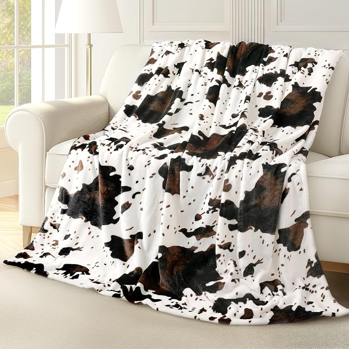 Cow Print Blanket Ultra Soft Flannel Throw Blanket for Couch Bed, Cute Cozy Lightweight All-Season Fleece Blanket, Gift for Women & Girls, 50×60 Inches Black & White