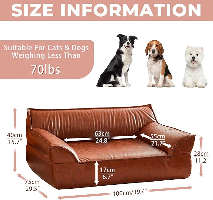 Large Leather Dog Sofa Pet Bed Couch for Large and Medium Dogs Under 70 lbs | Brown Luxurious Vintage Elevated Dog Sofa, Chaise Indoor Furniture Style Pet Supplies Low Maintenance