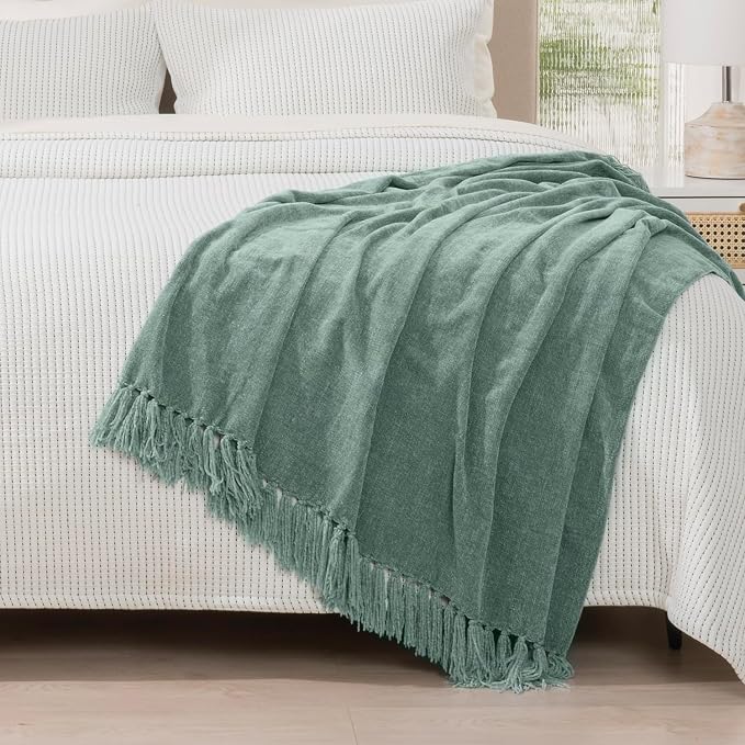 RECYCO Chenille Throw Blanket for Couch, 50"x60", Sage | Super Soft Knit Throw Blanket with Fringe Tassels, Lightweight Knitted Throw, Cozy, Ideal for Sofa Chair Bed Living Room Gift