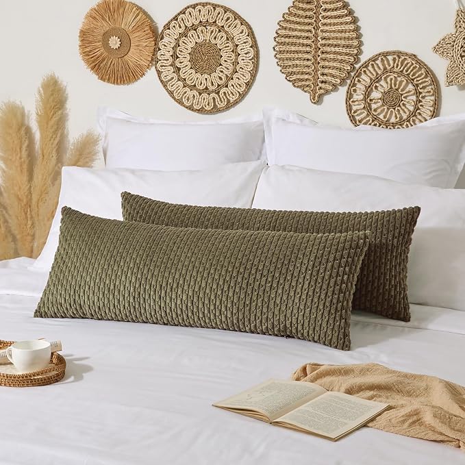 Kevin Textile Soft Corduroy 20"x54" Body Pillow Cover 1 Pack, Olive Green | Boho Stripe Plush Corduroy Decorative Oblong Cushion Cover Modern Farmhouse Home Decor for Sofa Couch Bed Chair