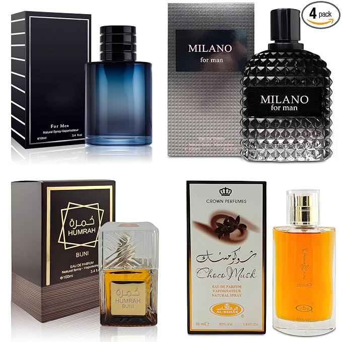 AFLUXE 4-Piece Cologne for Men Includes Choco Musk/SE/Humrah Buni/Milano Scent of Woody, Spicy, Citrus & Aromatic eau de parfum Men Gift Set Each 100Ml for Daily Use
