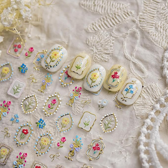 Gold Flower Nail Stickers for Nail Art, 3D Embossed Self-Adhesive Wild Flower Daisy Mentallic Nail Decals, Nail Supplies Designs Accessories for Women and Girls Manicure DIY Decoration