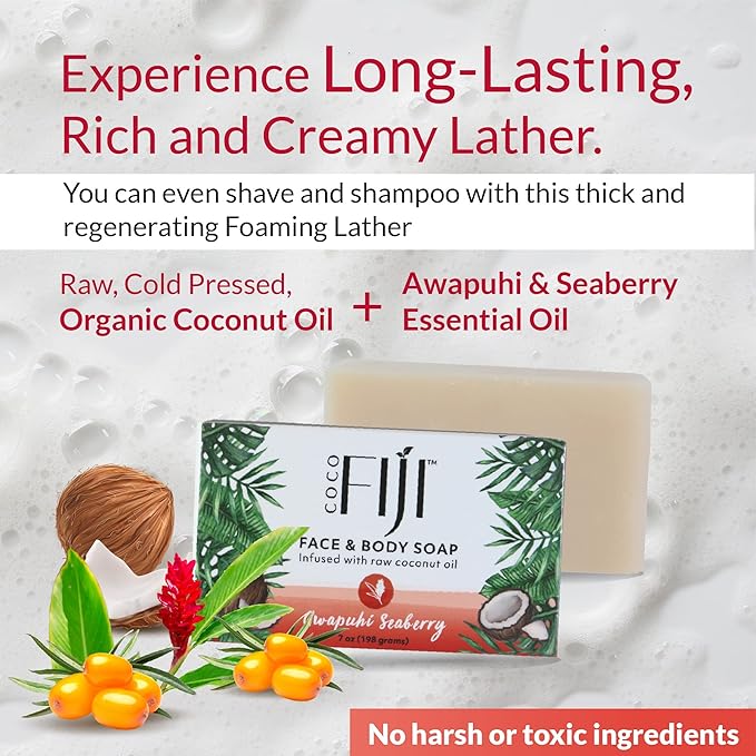 "Coco Fiji Soap Bar for Face and Body Infused With Organic Coconut Oil, Awapuhi Seaberry, Essential Oil, Natural Soap for Moisturizing & Pore Purifying Skin, 7 oz, Pack Of 3 "