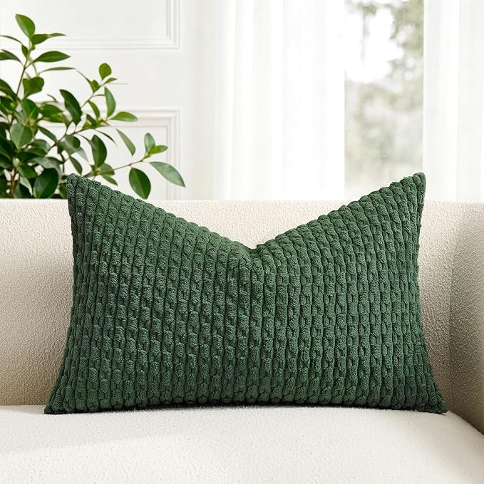 Kevin Textile Soft Corduroy 12"x20" Lumbar Pillow Cover 1 Pack, Dark Green | Boho Stripe Plush Corduroy Decorative Oblong Cushion Cover Modern Farmhouse Home Decor for Sofa Couch Bed Chair