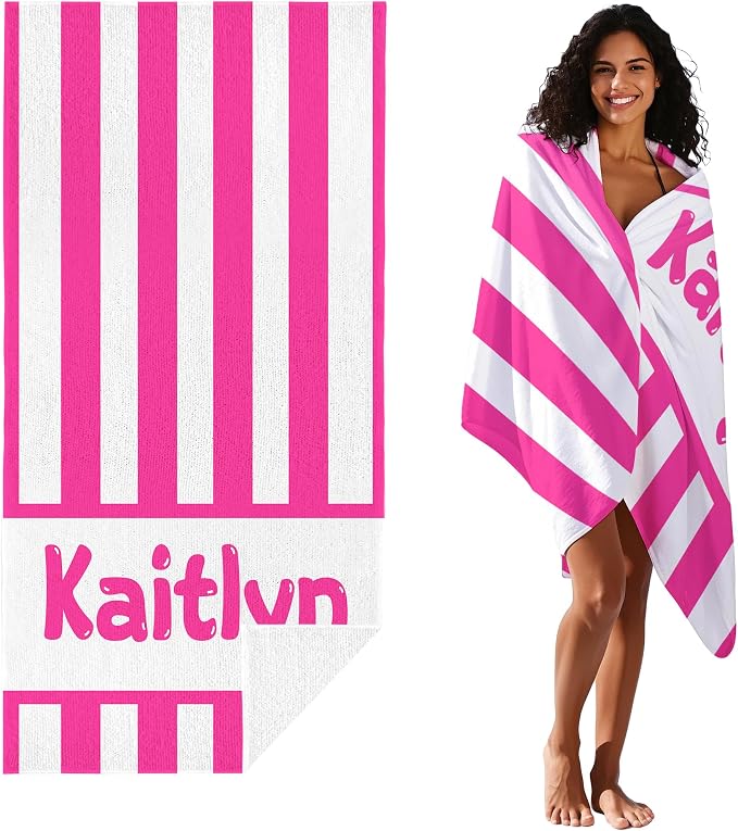JML Personalized Beach Towel with Name, Custom Cabana Stripe Beach Towel, Customized Microfiber Pool Towel, Quick Dry & Absorbent Swim Towel for Adult,Anniversary, Birthday, Summer Holiday,Vacation
