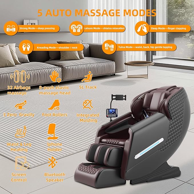 Massage Chair Full Body, 4D Zero Gravity SL-Track Knead Shiatsu Massage Recliner Chair with Airbags, Touchable Screen, Heating, Foot Rollers, Home or Office (Black & Brown)