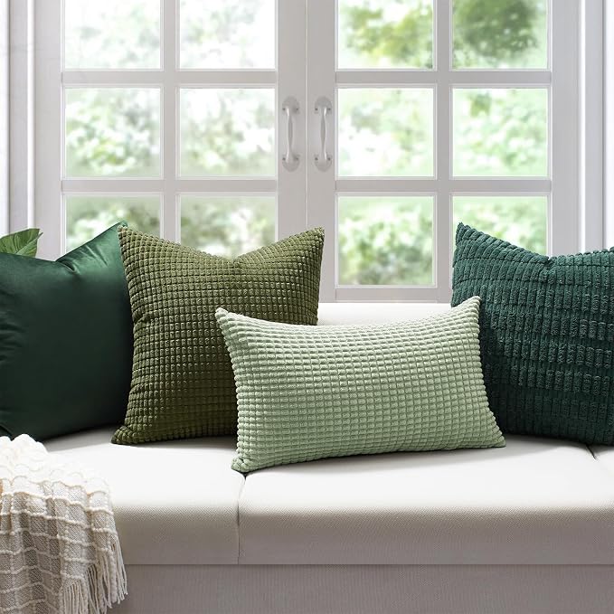 Softalker 2 Pack Corduroy Decorative Throw Pillow Covers 18x18, Olive Green | Soft Boho Striped Pillow Cases, Couch Fluffy Cushion Covers for Farmhouse Home Decor Bed Living Room