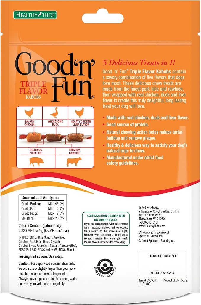 Good'N'Fun Triple Flavored Rawhide Kabobs for Dogs, 4-Ounce (Pack of 2)