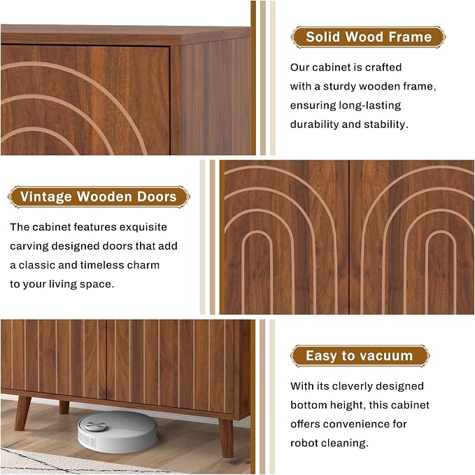 weselon Accent Cabinet with Carving Lines, Modern Buffet Sideboard with Adjustable Shelves, Decorative Storage Cabinets for Bedroom Living Room Kitchen Office and Hallway (Walnut, 1)