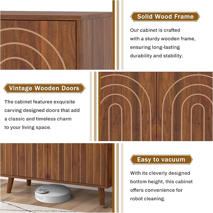 weselon 63" Sideboard Buffet Cabinet Set of 2, Modern Accent Cabinet with Carving Lines, Decorative Storage Cabinets for Living Room Kitchen Office and Hallway (Walnut, 2)