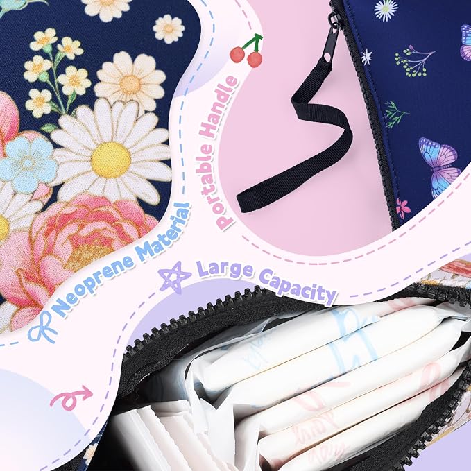 First Period Kit for Girls, Neoprene Sanitary Napkin Storage Bag, Menstrual Pad Bag Tampon Holder for Purse, First Period Gifts for 9-12 (Butterfly)