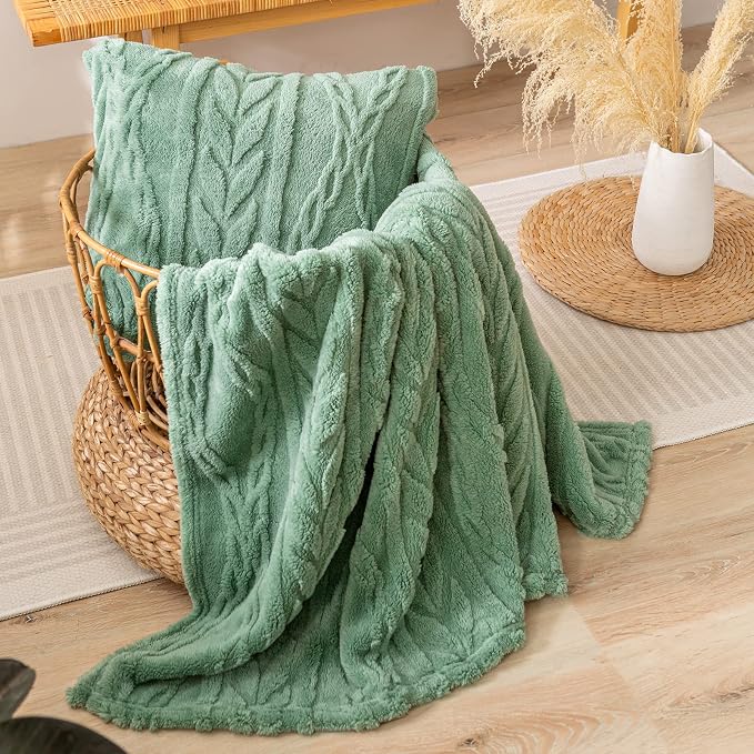 YUSOKI Sherpa Fleece Large Throw Blanket, Sage Green, 50"x65" | 3D Stylish Design,320GSM, Non-Shedding, Lightweight for All Season Use, stays fluffy after repeated washes, Perfect Gifts