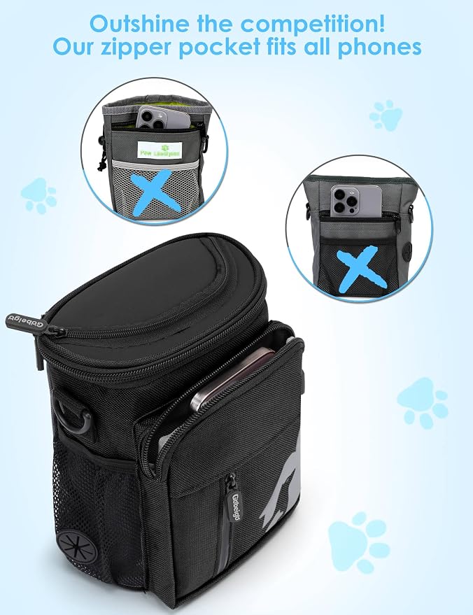Gobeigo 8 Cup Dog Treat Pouch with Training Clicker(Full Black) | 3 Ways to Wear/ Built-in Poop Bag Dispenser/ Zipper Front Pocket Phone Friendly Treat Bag for Pet Training & Walking
